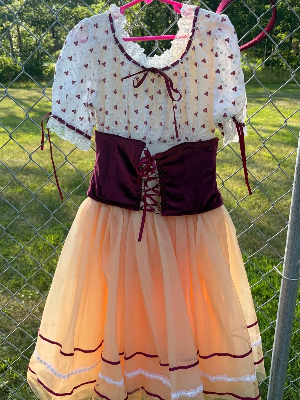 Girls Peach Tulle Dance Costume with Burgundy Bodice